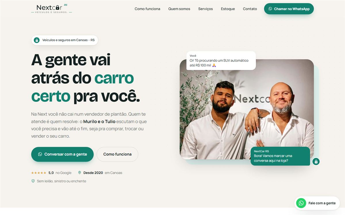 Página inicial do site da Next Car RS no computador